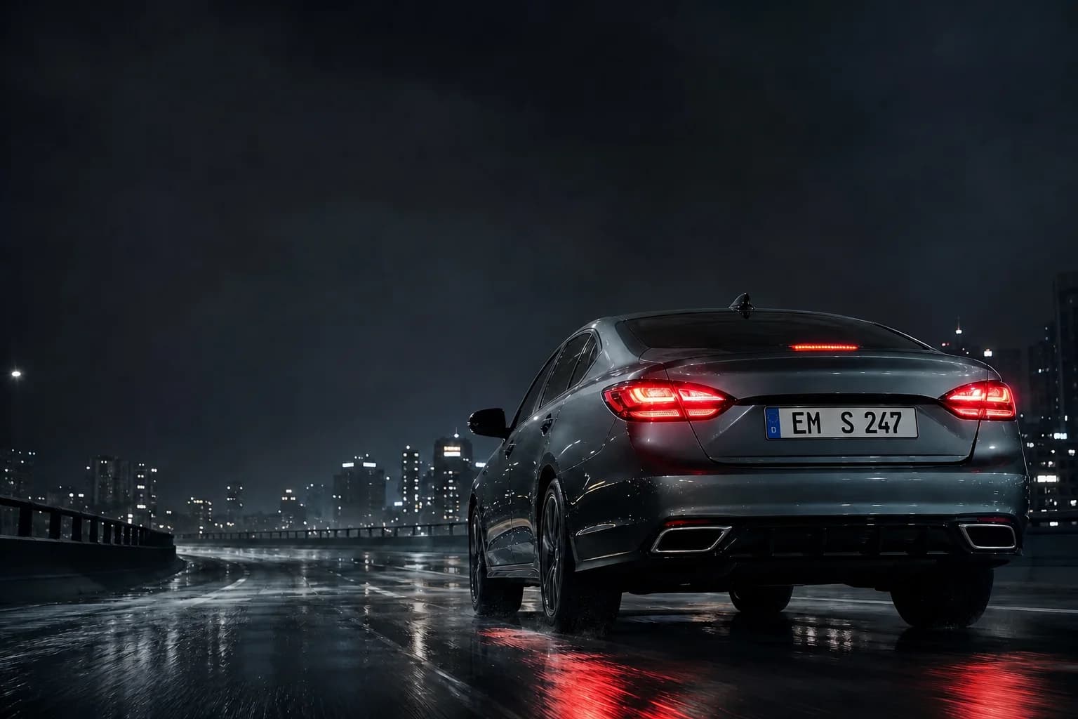 Car on a wet motorway at dusk